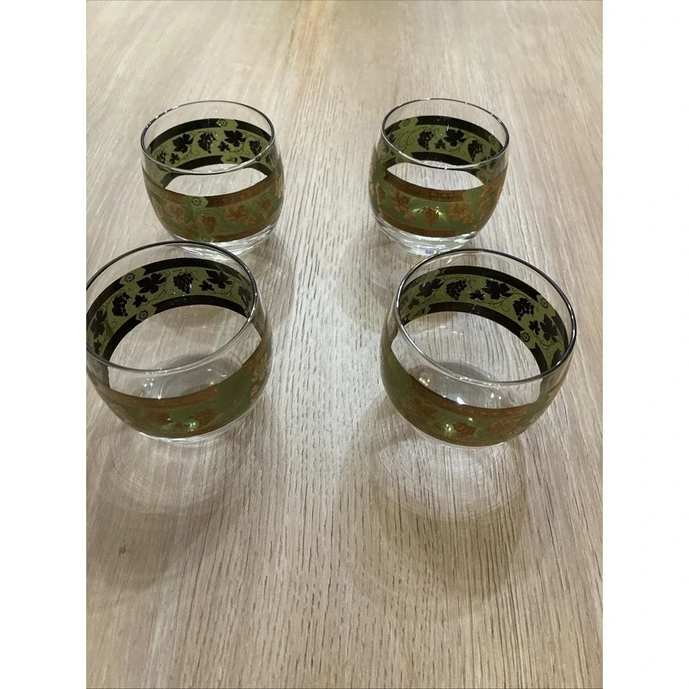 4pc VTG 60s MCM Roly Poly Cera Glass 22K Golden Grapes Green Highball Tumbler